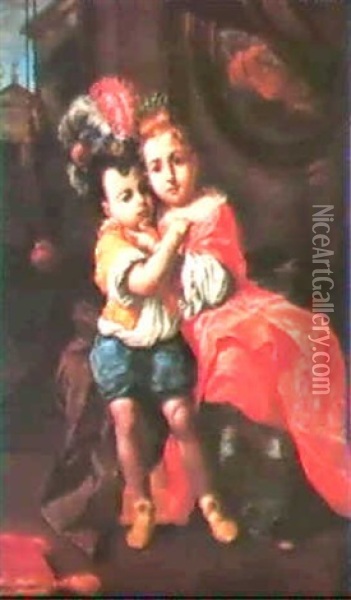 A Boy And A Girl Embracing In A Palatial Interior; And A    Child Comforted By A Girl As Amonkey Held By Black Pageboy Oil Painting - Antonio Mercurio Amorosi