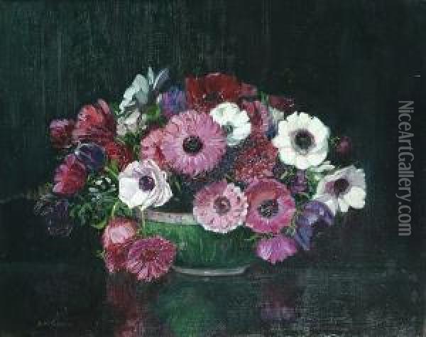 Still Life Of Anemones In A Bowl Oil Painting - Augustus William Enness