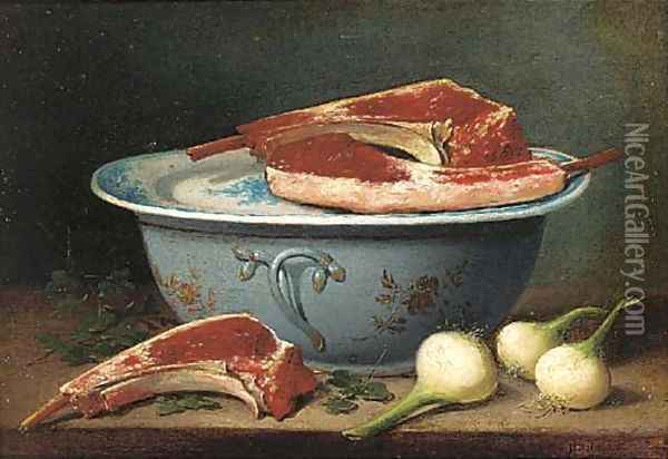 A pottery bowl, cuts of meat and onions on a table Oil Painting - French School
