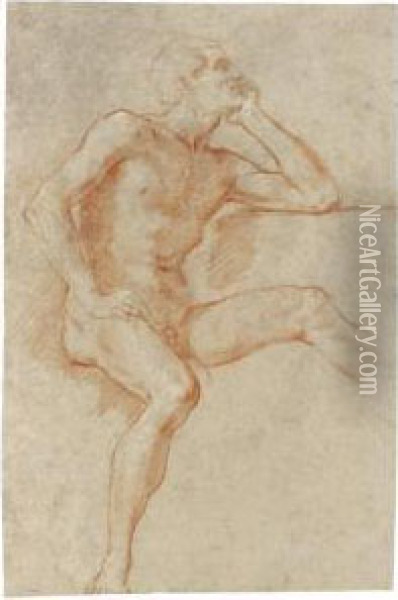Recto: Study Of A Male Nude, 
Seated, Resting His Chin On His Left Hand; Verso: A Male Nude In Profile
 Climbing A Staircase, A Separate Study Of His Hand Holding A Stick Oil Painting - Baldassarre Franceschini