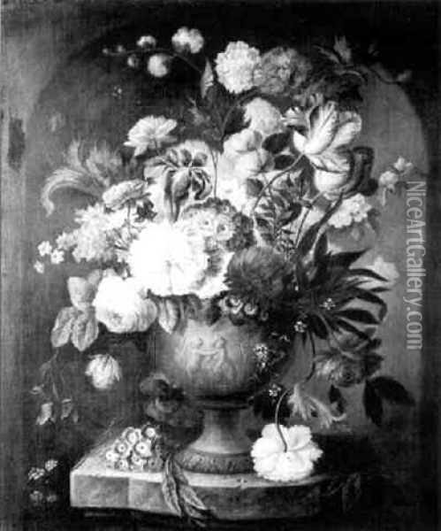 Still Life Of Mixed Flowers In A Terracotta Urn On A Ledge Oil Painting - Jan Van Huysum