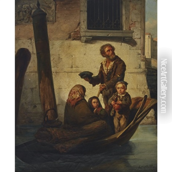 Peasant Family On The Venetian Canal Oil Painting - Antonio Rotta