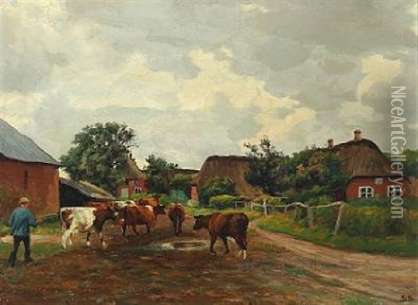 Ved Malketid, Toftum Romo (milking Time, Toftum Romo) Oil Painting - Emil Axel Krause