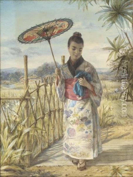 A Japanese Girl Crossing A Bridge, With A Village Beyond Oil Painting - Alphonse Auguste J. Lemaire