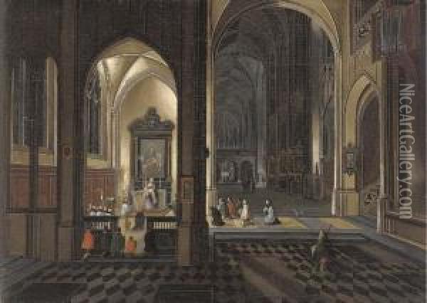 The Interior Of A Gothic Cathedral By Night Oil Painting - Pieter Ii Neefs