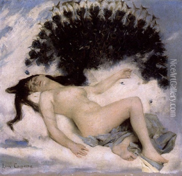 An Odalisque With A Peacock Oil Painting - Leon Commere