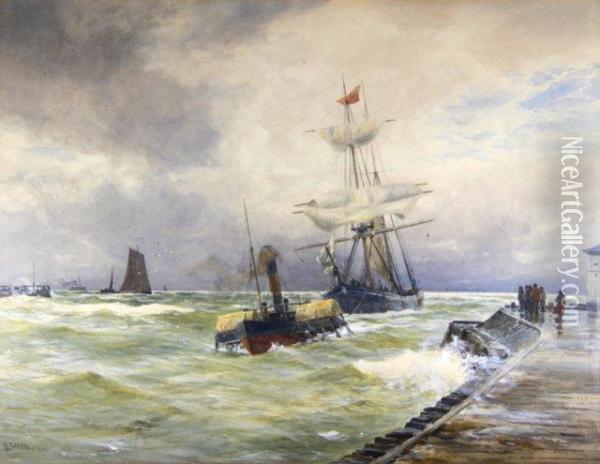 Ri/home Again/the Tug United Service Towing The Brigantine Anna Into Yarmouth/signed; Signed And Inscribed On A Label To The Reverse/watercolour Oil Painting - David Gould Green