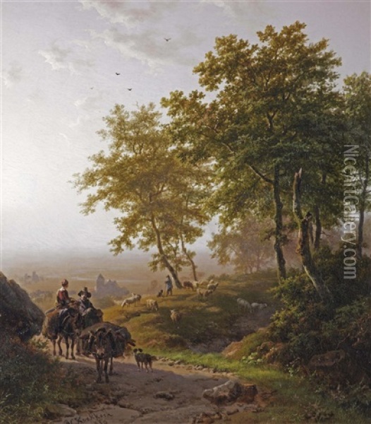 Boomrijk Landschap Bij Morgenstond: A Summer Landscape With Travellers And A Shepherd With His Flock Oil Painting - Barend Cornelis Koekkoek