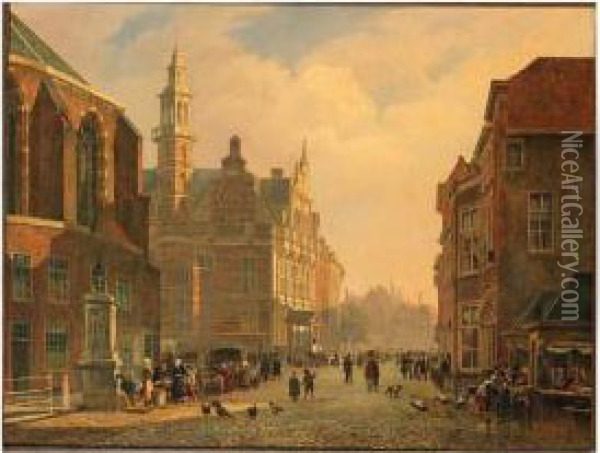A View Of The Townhall, The Hague, With Numerous Figures In Astreet Oil Painting - Carel Jacobus Behr