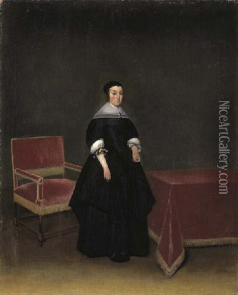 Portrait Of Hermanna Van Der Cruis In A Black Dress By A Table Oil Painting - Gerard ter Borch the Elder