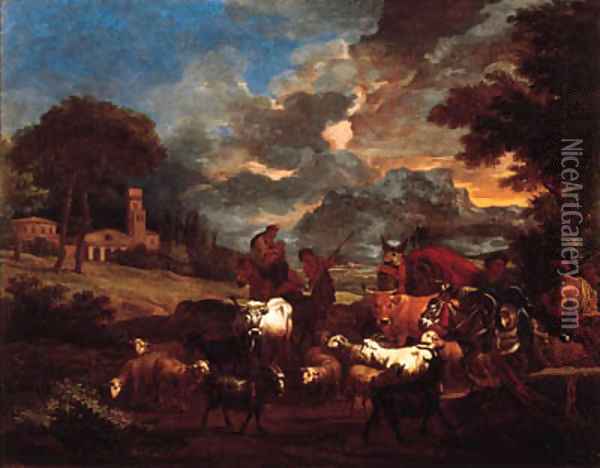 Shepherds, cowherds and muleteers with cattle and flock in an Italianate landscape Oil Painting - Pieter van Bloemen
