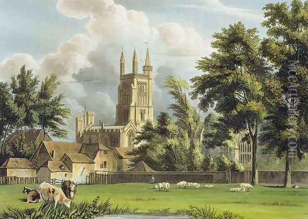 Winchester College from the Meadow, from History of Winchester College, part of History of the Colleges, engraved by Joseph Constantine Stadler (fl.1780-1812) pub, by R. Ackermann, 1816 Oil Painting - William Westall