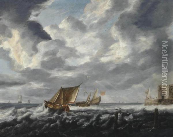 Peeters, The Elder An English Man-o'war At Anchor Off A Fortified Headland Surrounded Oil Painting - Bonaventura, the Elder Peeters