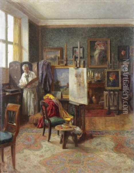 Artist In His Studio Oil Painting - Robert Scheffer