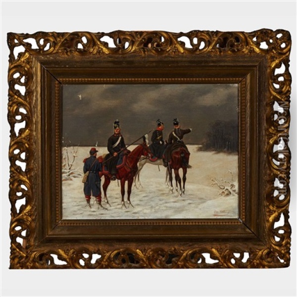 Prussian Infantry Receiving Directives; Prisoner Of War In A Blizzard (pair) Oil Painting - Christian Sell