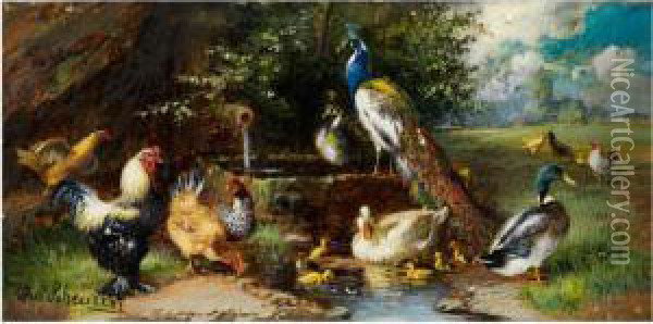 Federvieh Am Fluss Oil Painting - Julius Scheurer