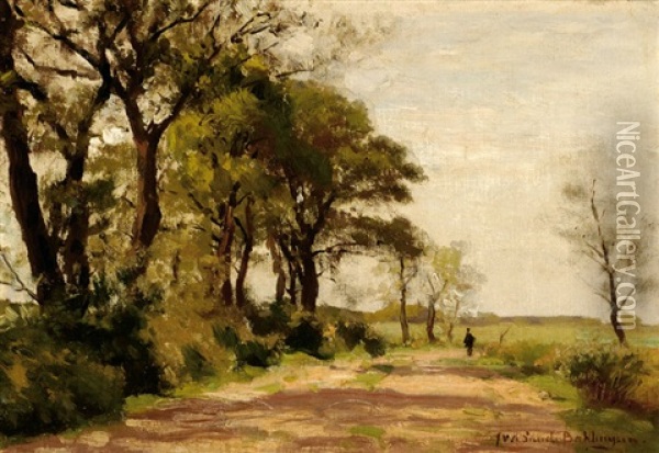 Strolling Figures On A Country Road Lined With Trees Oil Painting - Julius Jacobus Van De Sande Bakhuyzen