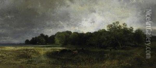 By A North Bavarian Lake. Signed And Dated Bottom Right: J. Wenglein 1870 Oil Painting - Joseph Wenglein