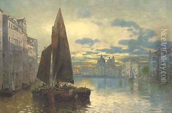 Trading vessels on the Grand Canal at dusk Oil Painting - Fernard Lubich