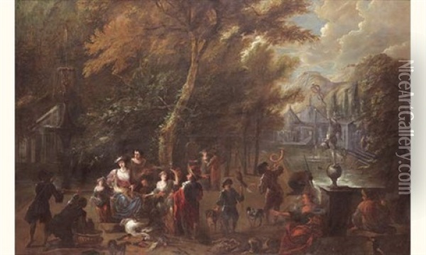 Le Dejeuner De Chasse (collab. W/philipps Augustyn Immenraet) Oil Painting - Peter Gysels