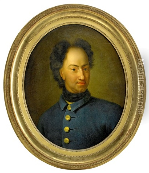 Portratt Av Karl Xii (1682-1718) Ikladd Bla Uniformsrock Och Svart Halsduk - Brostbild Oil Painting - David von Krafft