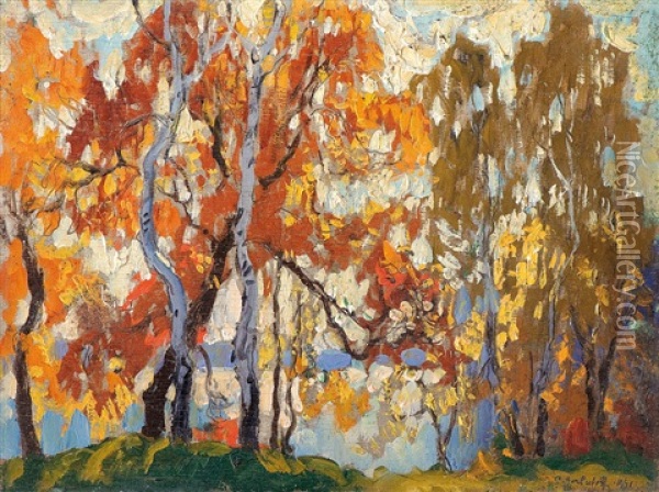 Herbstlicher Seeblick Mit Birken Oil Painting - Konstantin Ivanovich Gorbatov