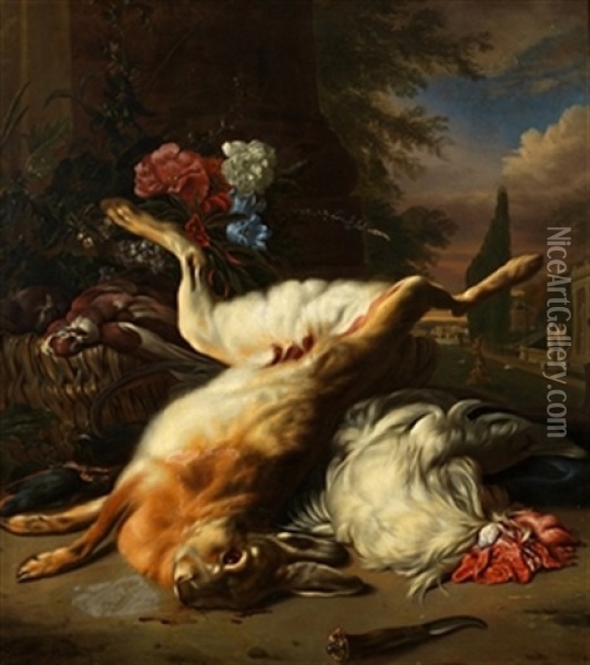 Bodegon Con Presas Y Flores Sobre Paisaje Oil Painting - Jan Weenix