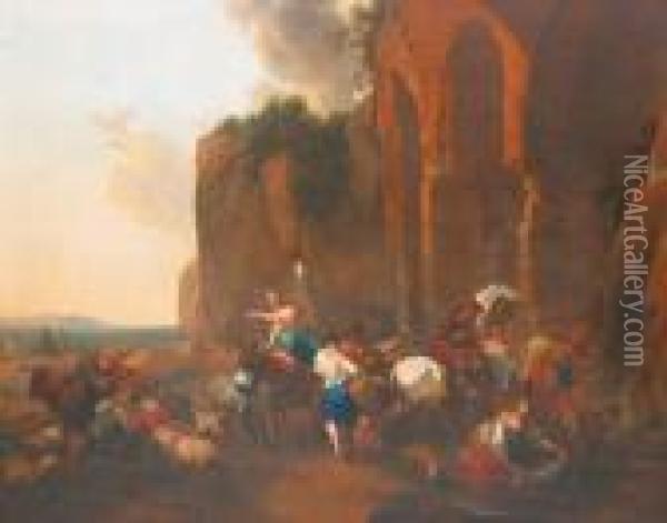 Lavandieres Et Bergers Dan Un Paysage Italien Oil Painting - Nicolaes Berchem