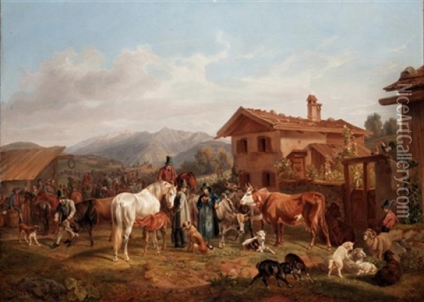 Ein Viehmarkt Im Bayrischen Gebirge Oil Painting - Benno Raffael Adam