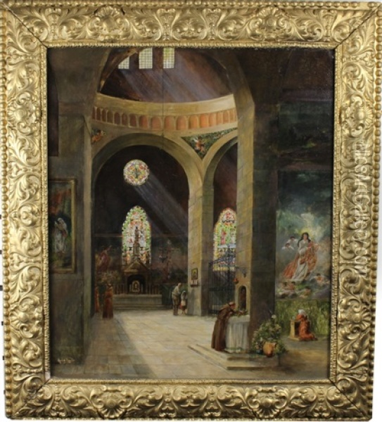 Elaborate Painting Of The Interior Of A Cathedral With Figures Oil Painting - Abdel Kader