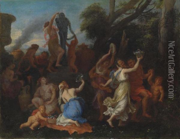 A Bacchanal Scene Oil Painting - Cirlce Of Filippo Lauri