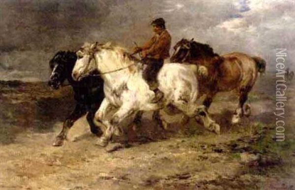 Boy With Galloping Horses On The Beach Oil Painting - Henry Schouten