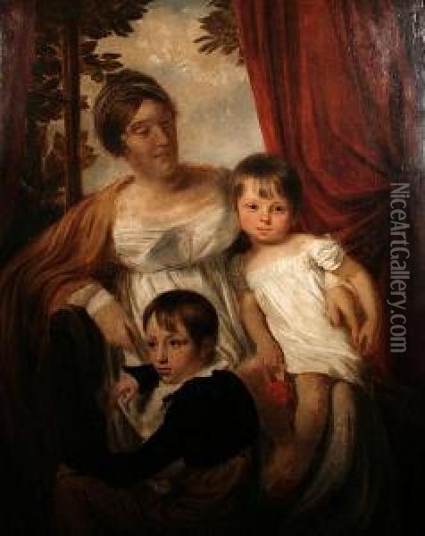 Portrait Of Mrs Harrison With Her Sons,frederick And William, Three-quarter Length, Seated Before An Openwindow Oil Painting - William Owen