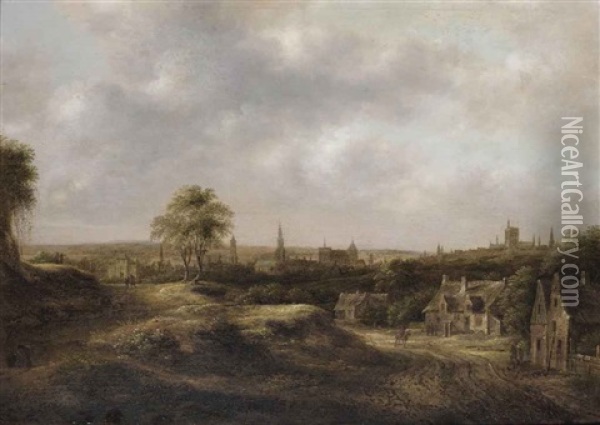 An Extensive Landscape With A Panoramic View Of A Town Oil Painting - Nicolaes Molenaer