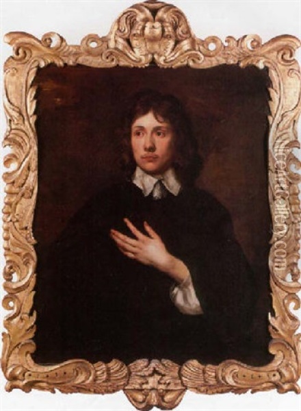 Portrait Of A Gentleman His Arm Across His Chest, Wearing A Black Tunic Oil Painting - Adriaen Hanneman