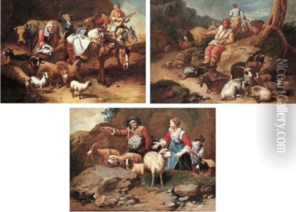 Shepherds With Their Grazing Sheep (+ 2 Others; Set Of 3) Oil Painting - Francesco Londonio