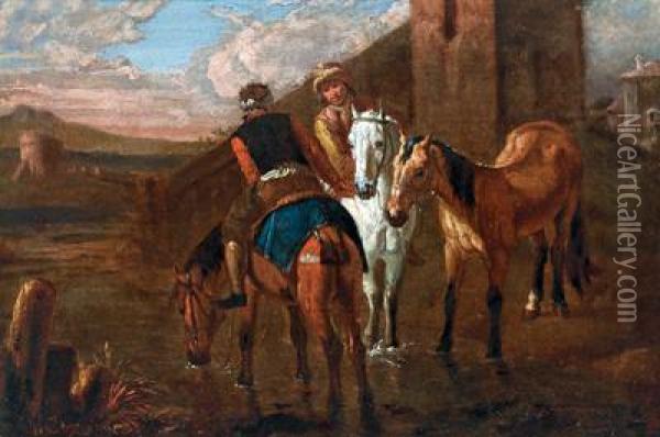 Due Cavalieri Ad Un Abbeveratoio Oil Painting - Pieter van Bloemen