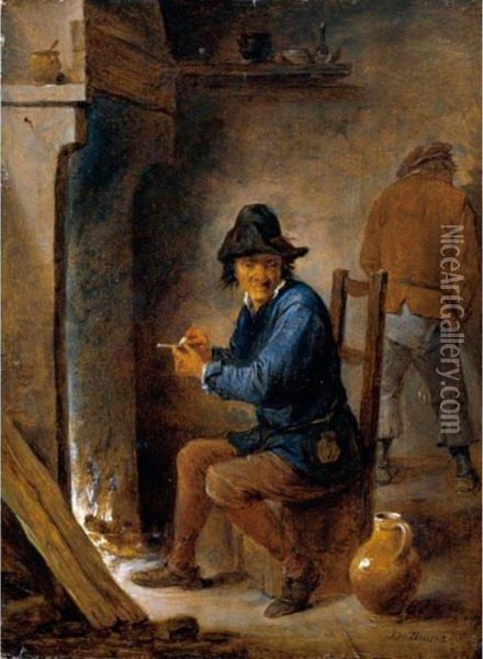 Interior With A Peasant Smoking A Pipe Before A Fireplace Oil Painting - David The Younger Teniers