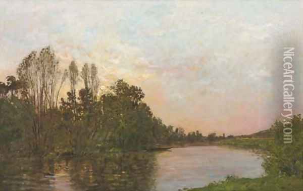 Soleil couchant pres Mantes along a river at dusk Oil Painting - Hippolyte Camille Delpy