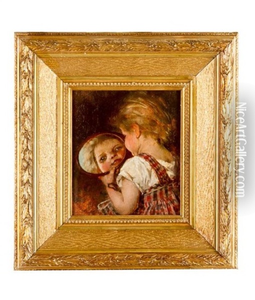 Young Girl Looking Herself On A Mirror Oil Painting - Hedwig Mechle-Grossmann