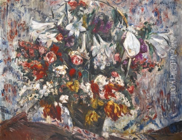Blumenkorb Mit Amaryllis, Flieder, Rosen Und Tulpen (flower Basket With Amaryllis, Lilac, Roses And Tulips) Oil Painting - Lovis Corinth