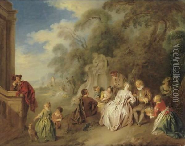 Fete Galante With Figures In A Park Amour Et Badinage Oil Painting - Jean-Baptiste Joseph Pater