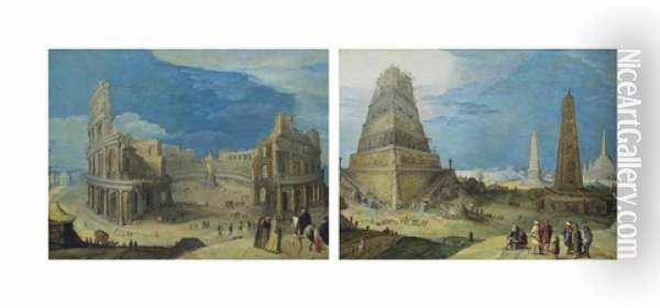 Figures Before The Colosseum In Rome; And Nimrod Supervising The Construction Of The Tower Of Babel (pair) Oil Painting - Hendrick van Cleve III