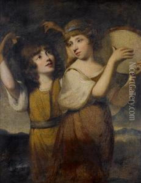 Portrait Of Two Girls In A Landscape, Onedancing, The Other Playing A Tambourine Oil Painting - Henry Thomson