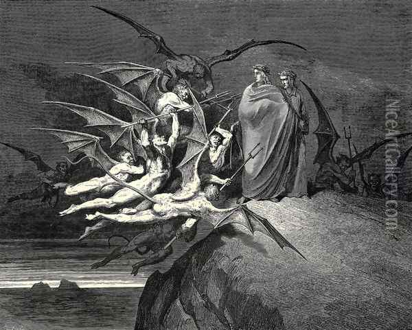 The Inferno, Canto 21, line 70: 'Be none of you outrageous.' Oil Painting - Gustave Dore