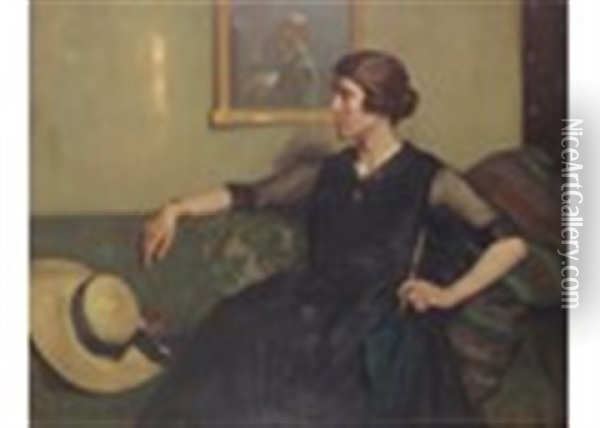 Portrait Of A Woman, Seated, The Artist Reflected In The Mirror Oil Painting - James Bell Anderson