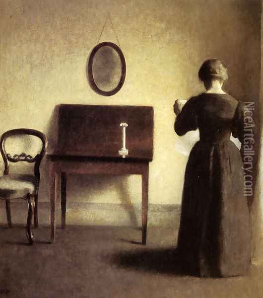 A Lady Reading In An Interior Oil Painting - Vilhelm Hammershoi