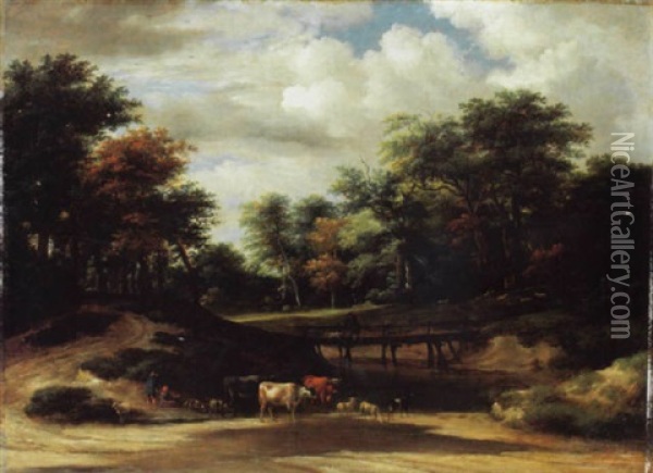 Waldweg Mit Vieh Und Hirten An Einem Teich Oil Painting - Jacob Van Ruisdael