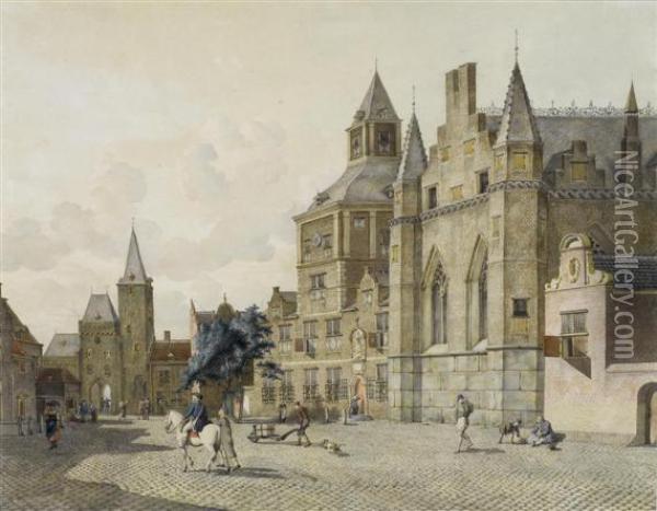 The Main Square In An Imaginary Dutch Town. Oil Painting - Johannes Huibert Prins