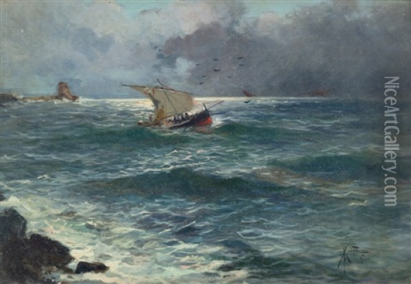 Veliero Nel Mare In Tempesta Oil Painting - Oscar Ricciardi